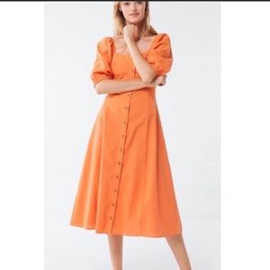 UO Maria Puff Sleeve Button-Front Midi Dress, Small